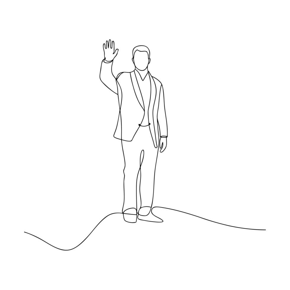 Man in suit waving hand in continuous line drawing style greeting hello vector