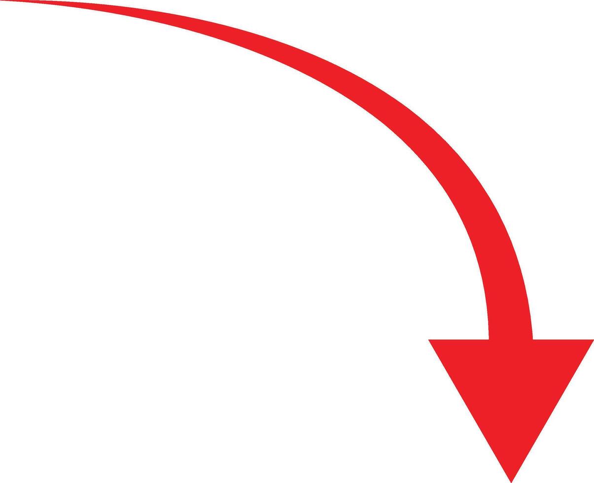 Bright red downward curve arrow pointing towards bottom right corner vector