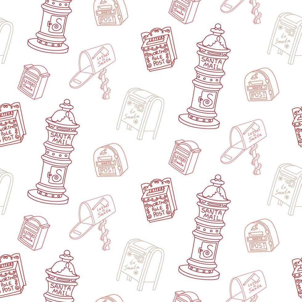 Christmas pattern with flat outline depicting Santa Claus mailboxes. texture in form of red scribbles is perfect for wrapping paper, seasonal textile prints, digital paper, festive surface decoration vector