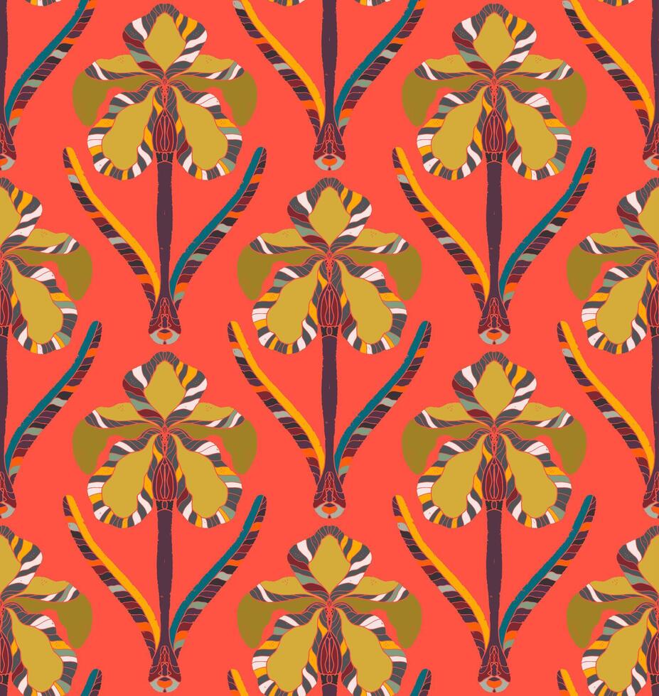 a colorful pattern with palm trees on an orange background vector