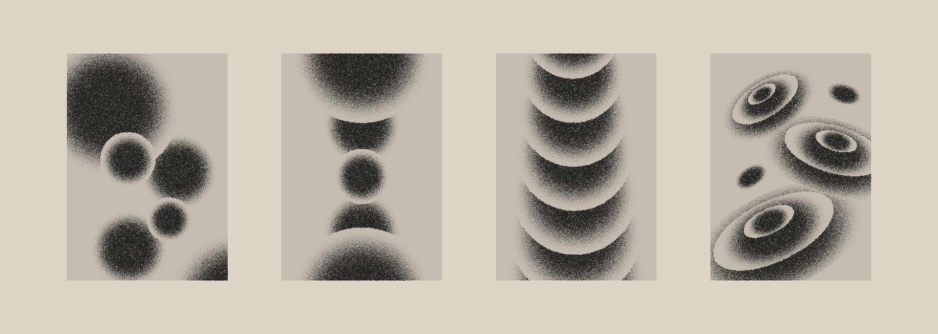 Set of abstract grainy circle textures with halftone spray, ripple rings and stipple gradients. Distressed retro shapes for overlays, posters, graphic design and modern minimal layouts vector