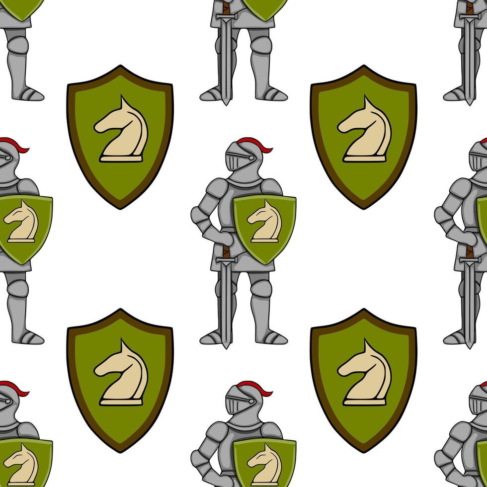 Seamless pattern featuring medieval knights in full armor holding shields with a chess knight emblem, set against a clean white background. vector