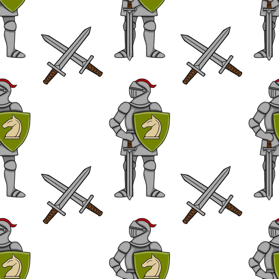 Seamless pattern of medieval knights in full armor with shields featuring a horse emblem and crossed swords, set against a clean white background. vector
