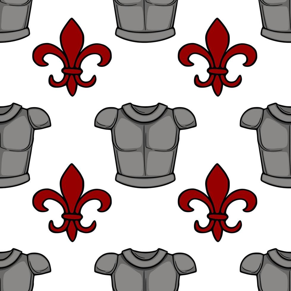 Seamless pattern featuring medieval knights armor and red fleur de lis emblems on a white background. vector