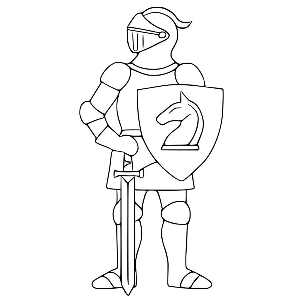 Stylized illustration of a medieval knight in full armor holding a sword and shield with a chess knight emblem. vector
