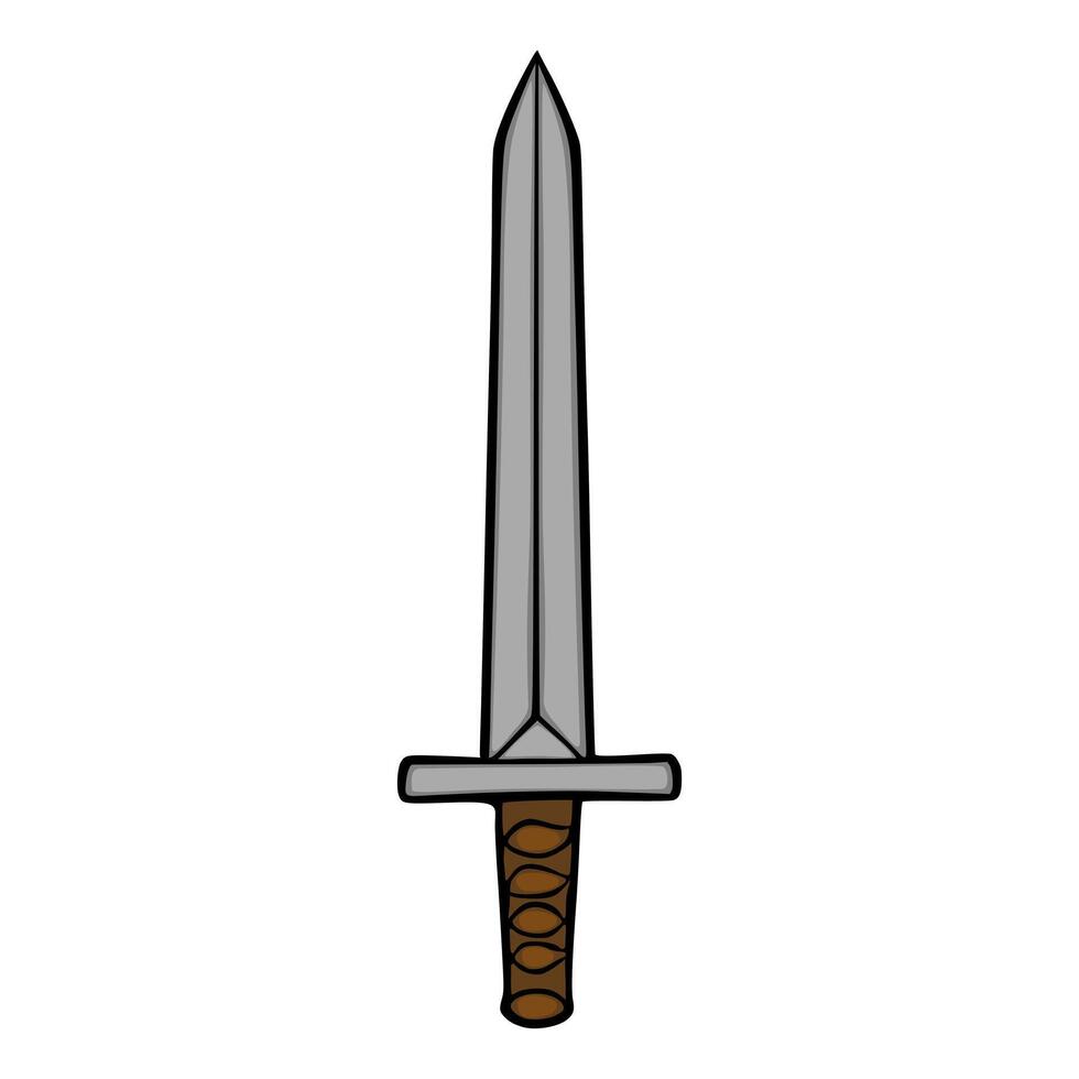 A stylized, flat design illustration of a medieval sword with a silver blade and a brown, segmented hilt, set against a clean white background. vector