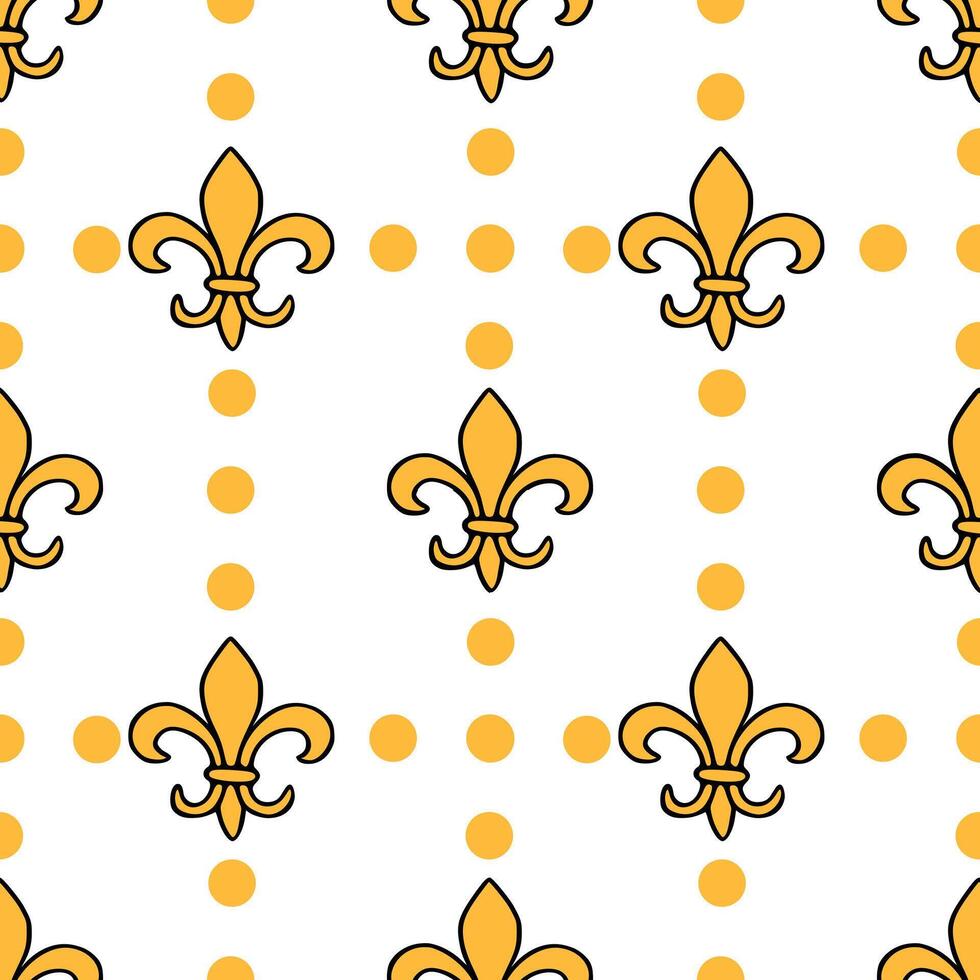 A seamless pattern featuring golden fleur de lis motifs interspersed with scattered orange polka dots on a clean white background, creating a regal and decorative design. vector