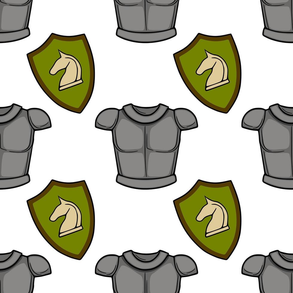 A repeating pattern featuring medieval knights armor and shields with a horse emblem, rendered in a clean, graphic style. vector