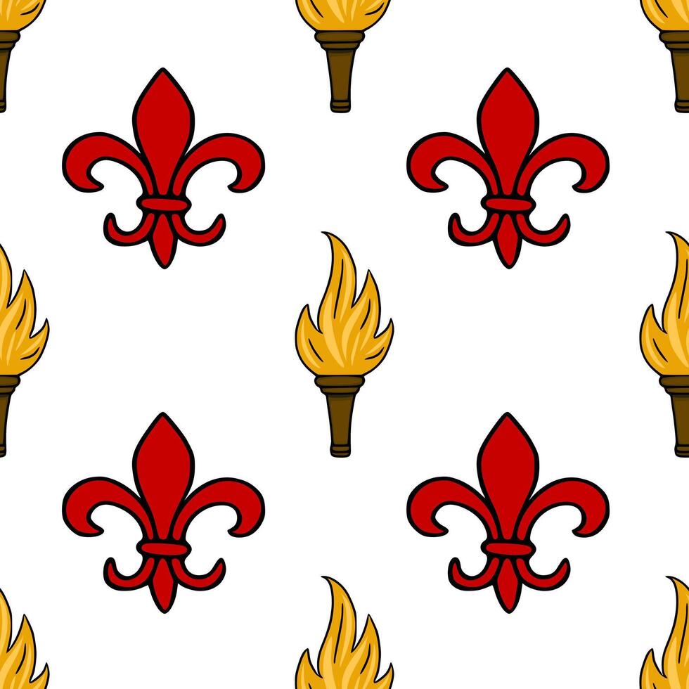 Seamless pattern featuring red fleur de lis and golden torches on a white background, evoking a sense of tradition and illumination. vector