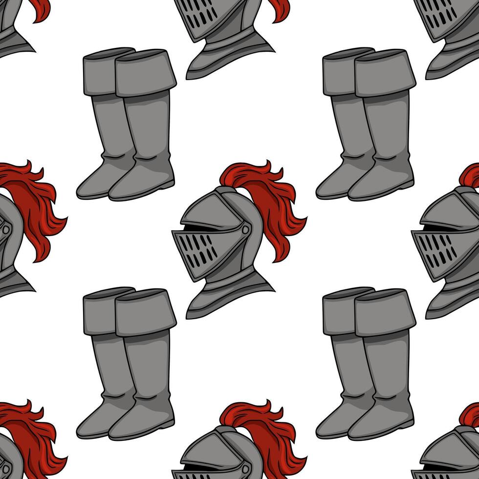 Seamless pattern of medieval knights armor, featuring grey helmets with red plumes and matching boots, set against a clean white background. vector