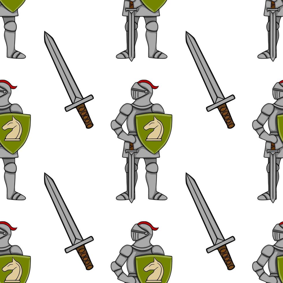 Seamless pattern featuring stylized knights in full armor, holding swords and shields with a chess knight emblem, set against a clean white background. vector
