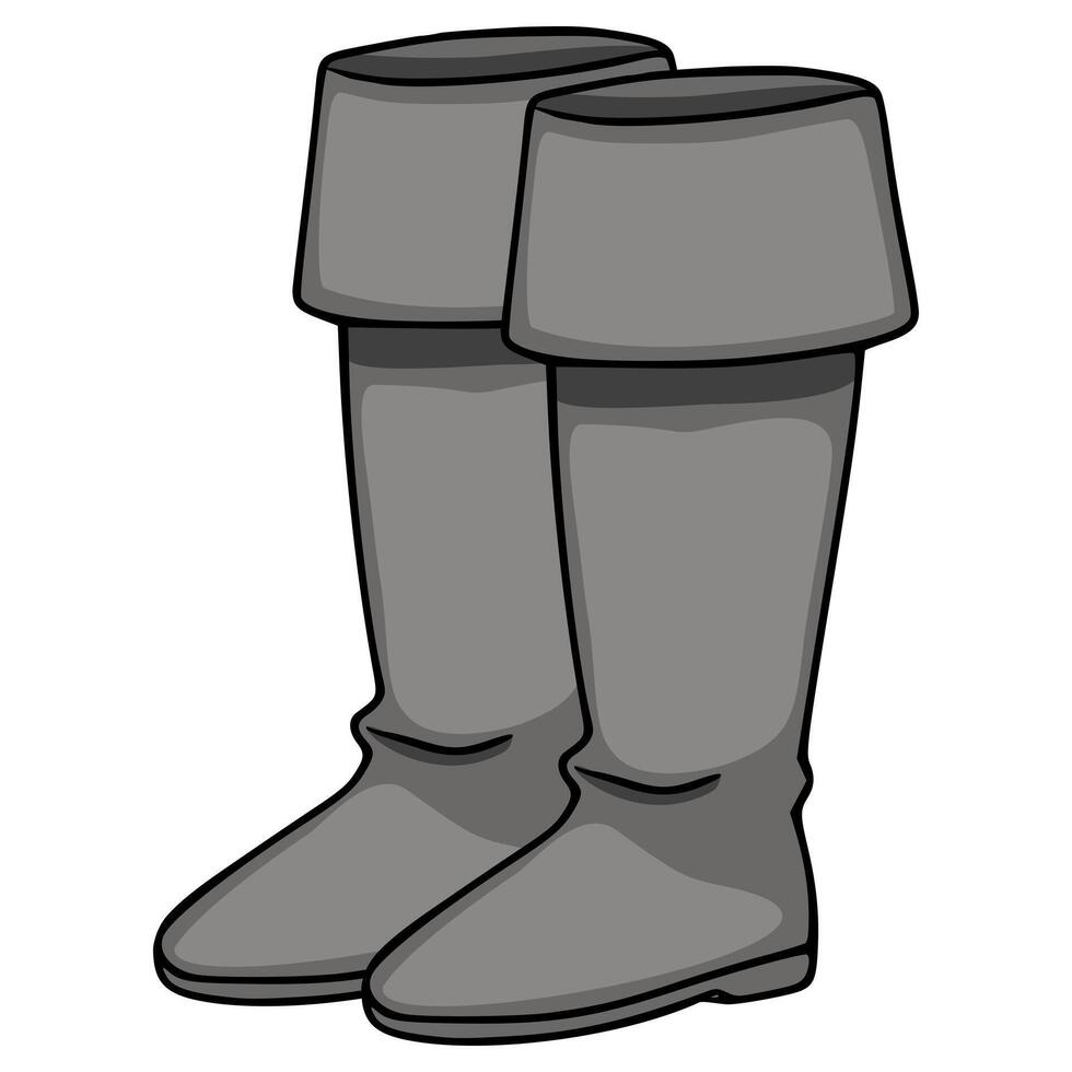 A pair of grey cavalier boots, rendered as a simple illustration with bold black outlines and subtle shading, presented on a clean white background. vector