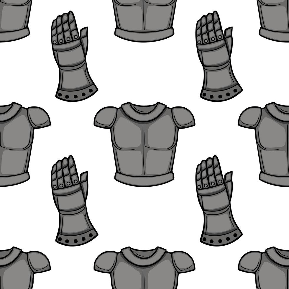 A repeating pattern of medieval knights armor, featuring stylized gauntlets and chest plates in a monochromatic grey palette with bold black outlines. vector