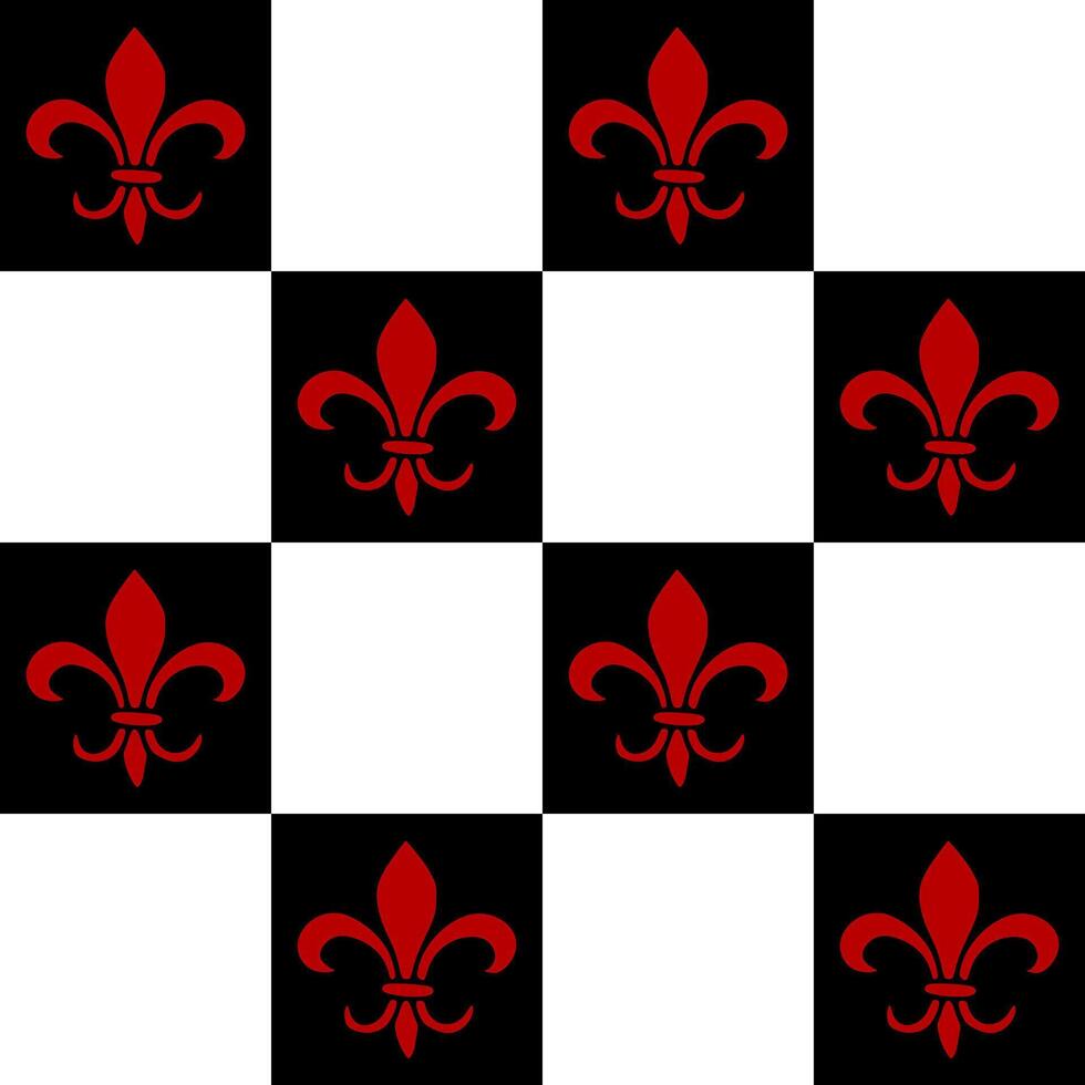 Decorative seamless pattern featuring a repeating red fleur de lis motif on a black and white checkerboard background. vector