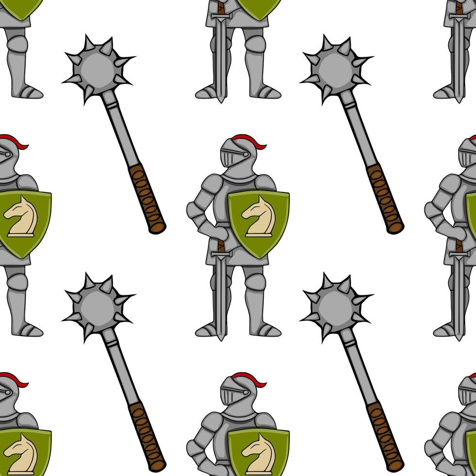 Seamless pattern of medieval knights in full armor holding swords and spiked maces, with shields featuring a horse emblem. vector