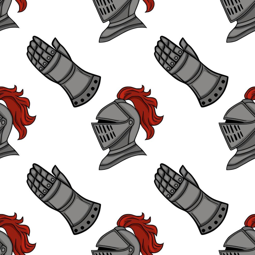 Seamless pattern featuring medieval knight helmets and gauntlets with red plumes. vector