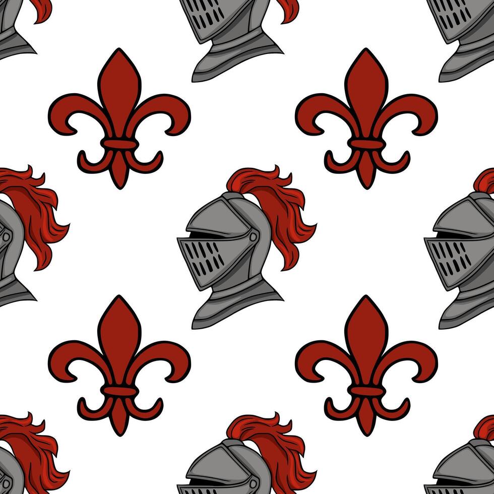 Seamless pattern featuring medieval knight helmets and red fleur de lis emblems on a white background. vector