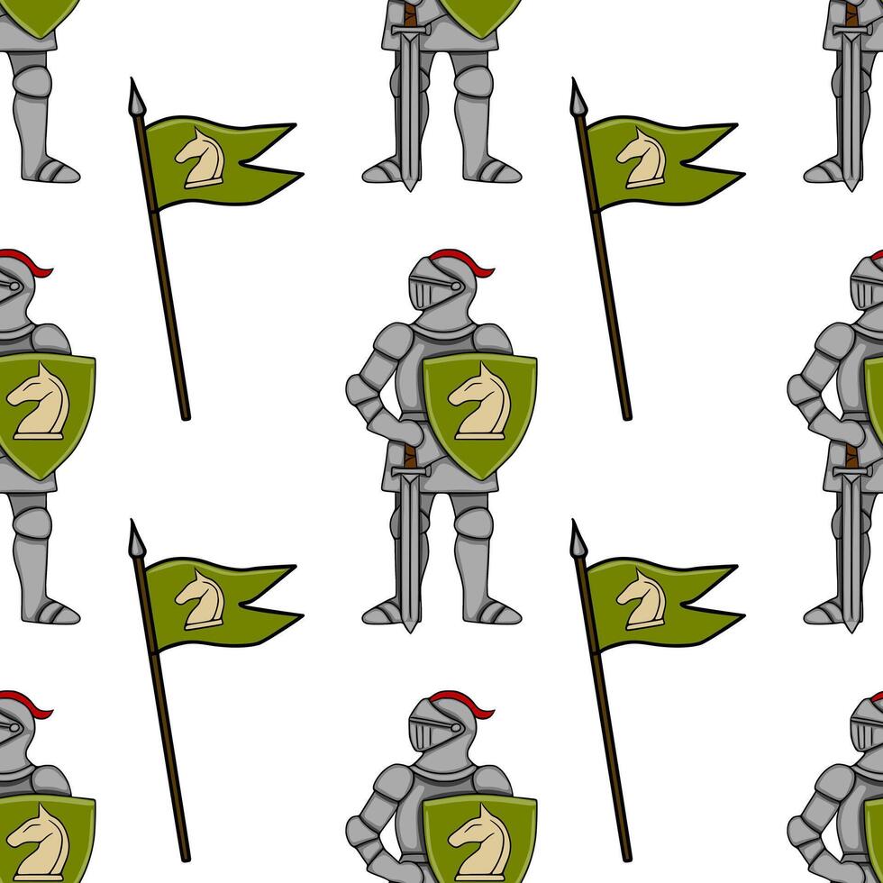 Seamless pattern featuring medieval knights in full armor, holding shields with a horse emblem and a lance with a green flag. vector