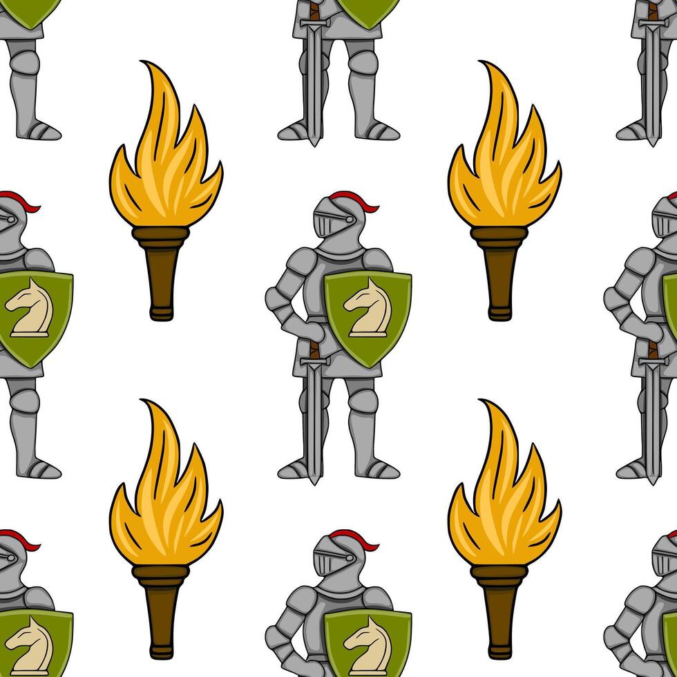 Seamless pattern featuring medieval knights in full armor holding shields with a horse emblem and burning torches. vector