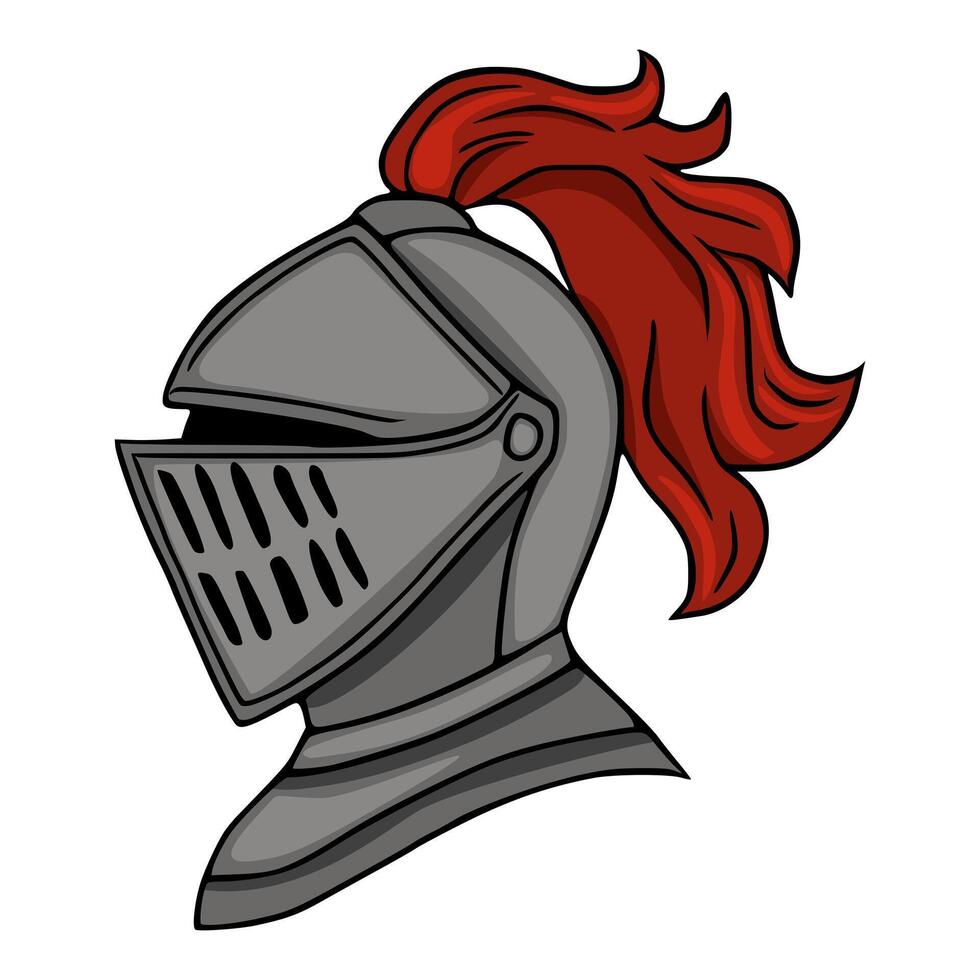 A stylized illustration of a medieval knights helmet with a vibrant red plume, depicted in a profile view with bold outlines and smooth shading. vector