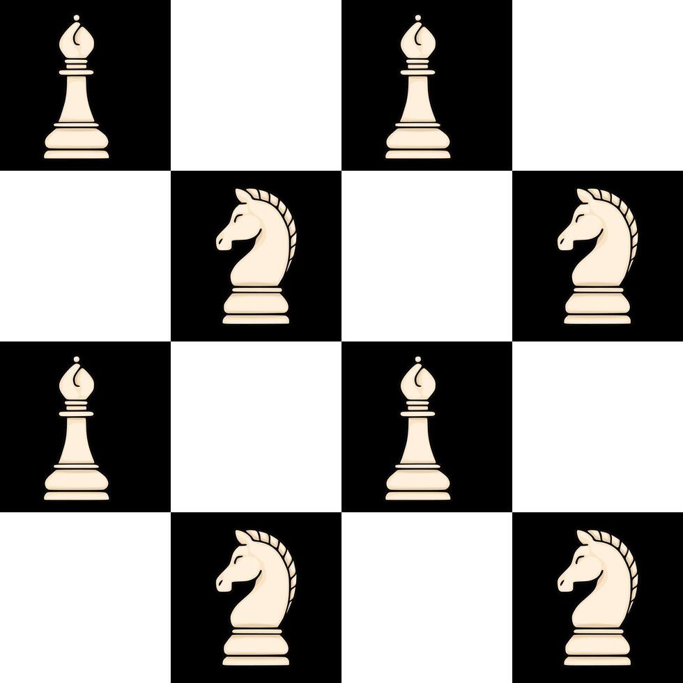 Seamless pattern featuring white chess bishops and knights on a black and white checkered background. vector