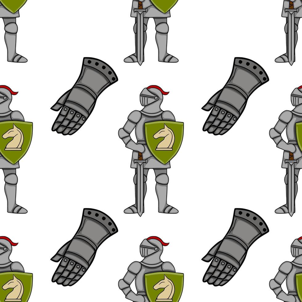 Seamless pattern featuring medieval knights in full armor, holding shields with a white horse emblem, and a separate gauntlet element, rendered in a flat, illustrative style with a neutral p... vector