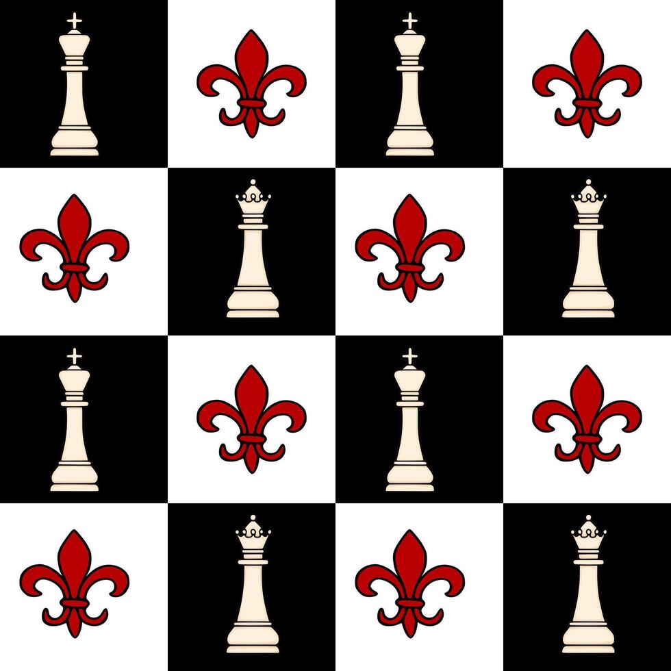 A seamless pattern featuring alternating white chess kings and red fleur de lis symbols against a stark black and white checkerboard background. vector