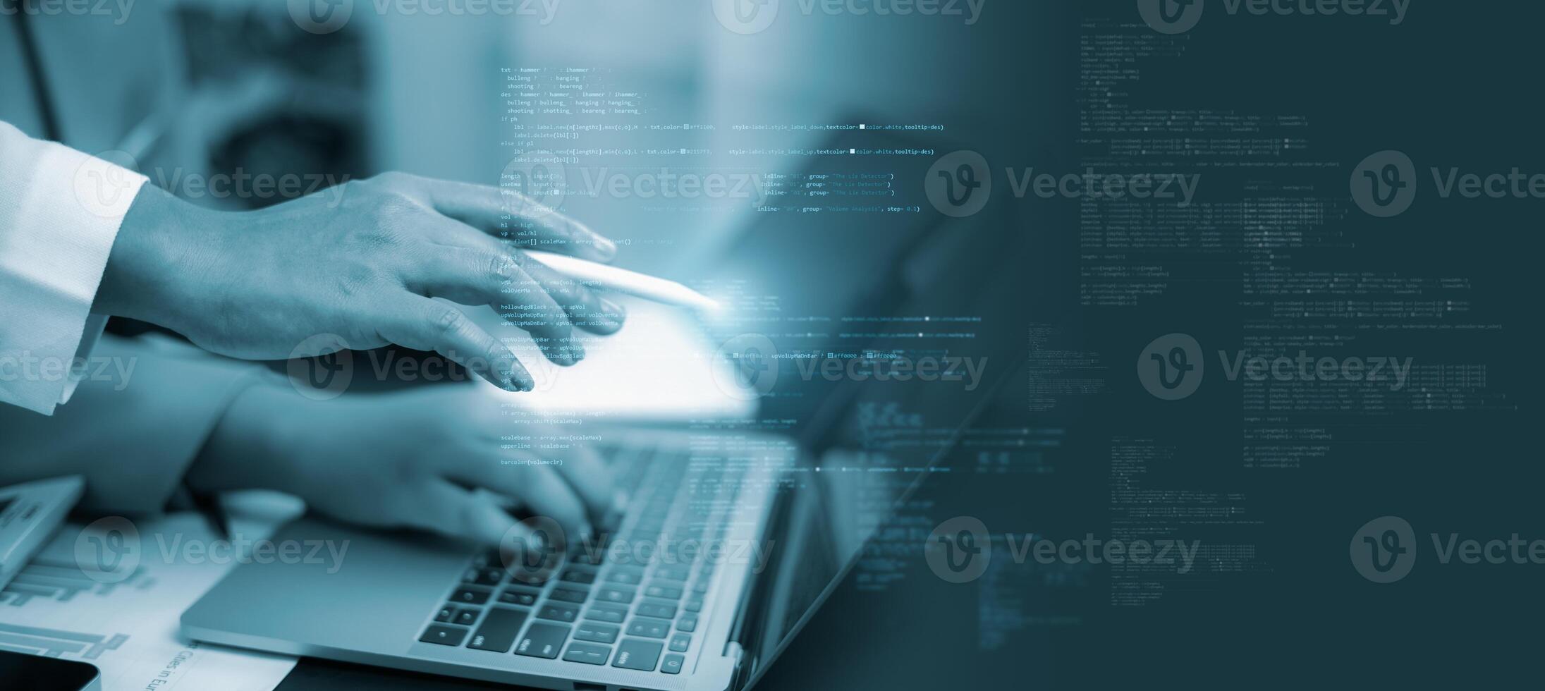 Software developer working with digital code and cybersecurity interface photo