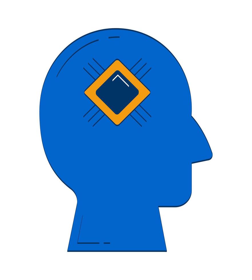 Abstract human head silhouette with microchip cpu 2D doodle object. Artificial intelligence mind technology cartoon element flat clipart isolated on white background. Hand drawn illustration vector