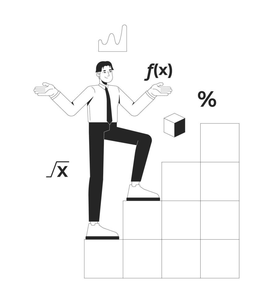 Mathematics line illustration concept. Analytics in data science. Asian math teacher climbing ladder of mathematical knowledge outline 2D character isolated. Ink linear metaphor art vector