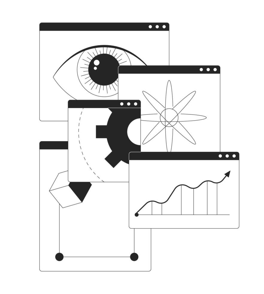 Data science in overlapping browser windows line illustration concept. Trend analysis. Interdisciplinary webpages. Tech analytics outline 2D composition isolated. Ink linear metaphor art vector