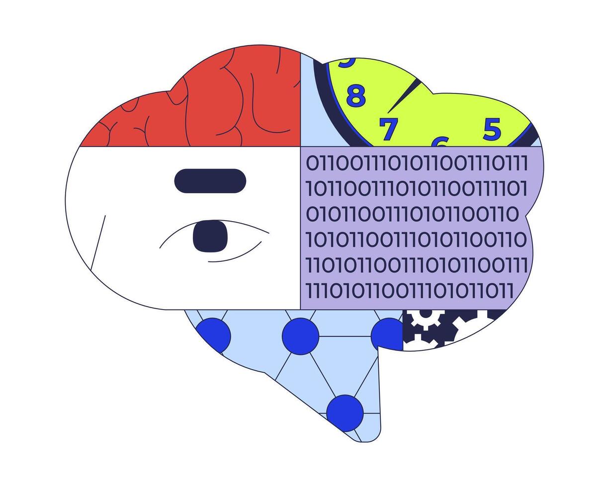 Data science 2D illustration concept. Artificial intelligence. Deep learning. Time-series analysis. Neural network. Segmented brain cartoon composition isolated on white. Flat abstract metaphor vector