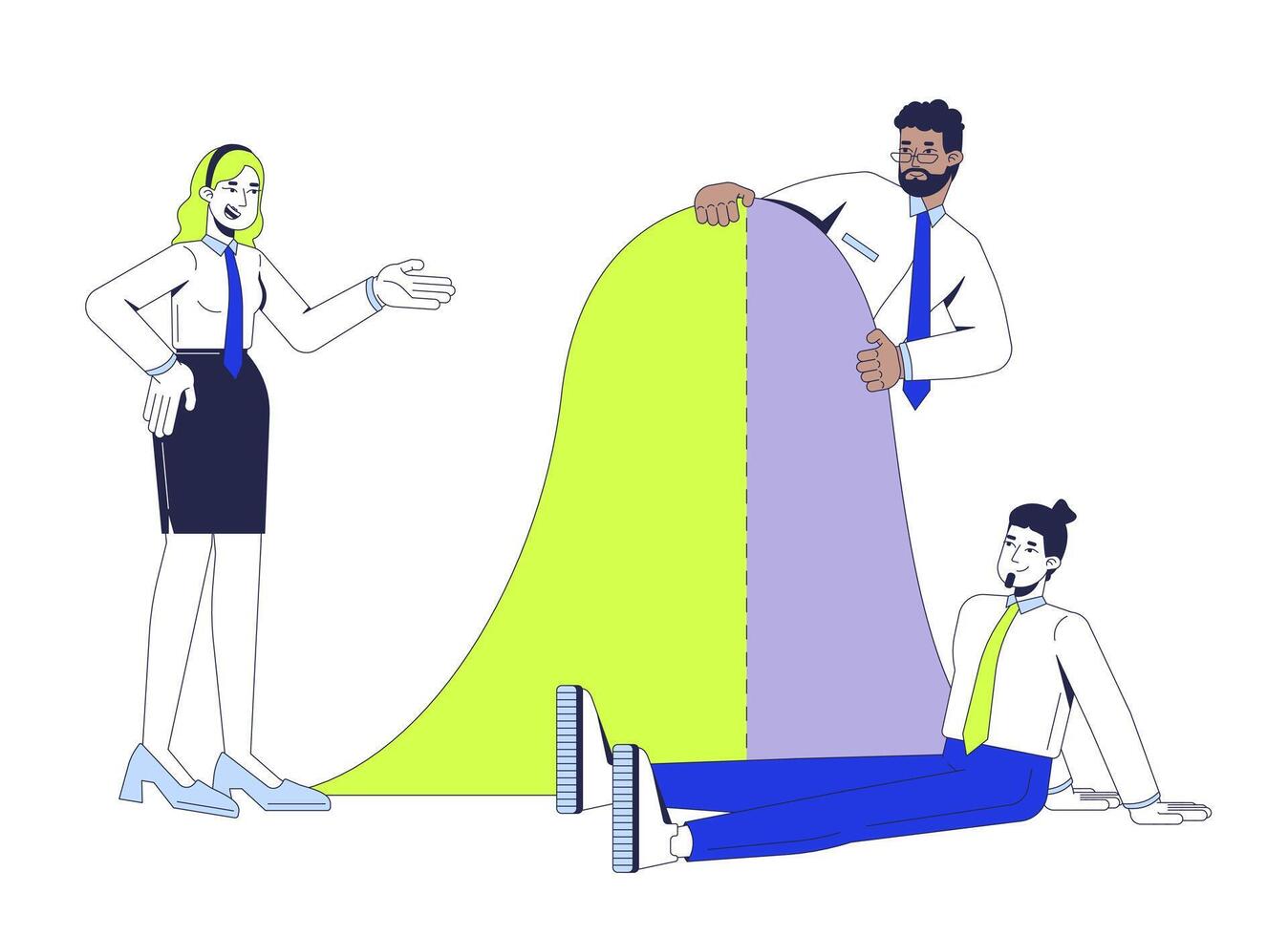 Bell curve analysis with statisticians team 2D illustration concept. Standard deviation. Normal distribution. Diverse analysts cartoon characters isolated on white. Flat abstract metaphor vector