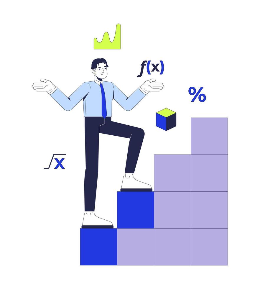 Mathematics 2D illustration concept. Analytics in data science. Asian math teacher climbing ladder of mathematical knowledge cartoon character isolated on white. Flat abstract metaphor vector