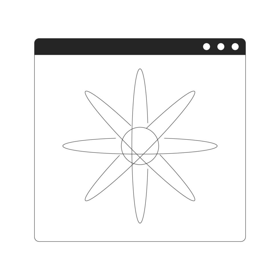 Atomic structure in digital window 2D line object. Science. Atom model with orbiting paths and nucleus inside web interface isolated clipart ink outline item. Monochrome spot illustration vector