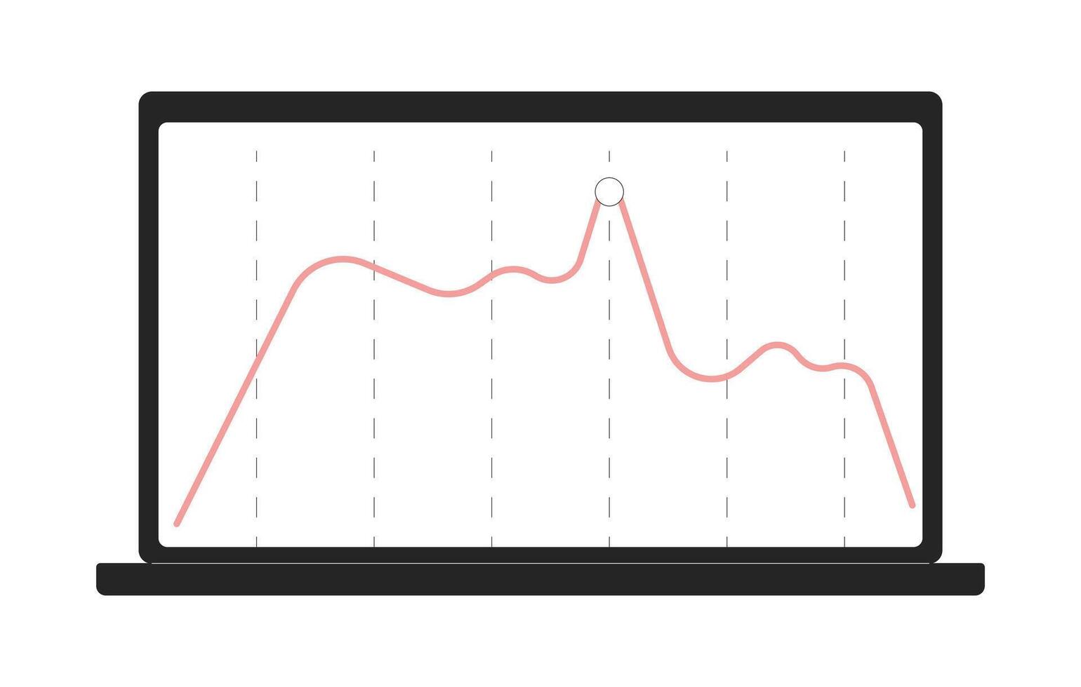 Trend line chart on laptop screen 2D line object. Data analytics. Digital forecasting. Business intelligence. Financial metrics isolated clipart ink outline item. Monochrome spot illustration vector