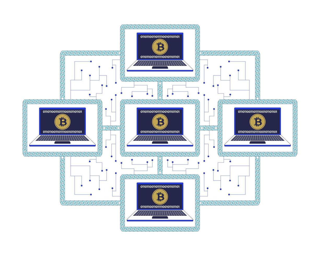 bitcoin blockchain red de conectado ordenadores 2d ilustración concepto. descentralizado criptomoneda digital actas dibujos animados composición aislado en blanco. plano resumen metáfora vector