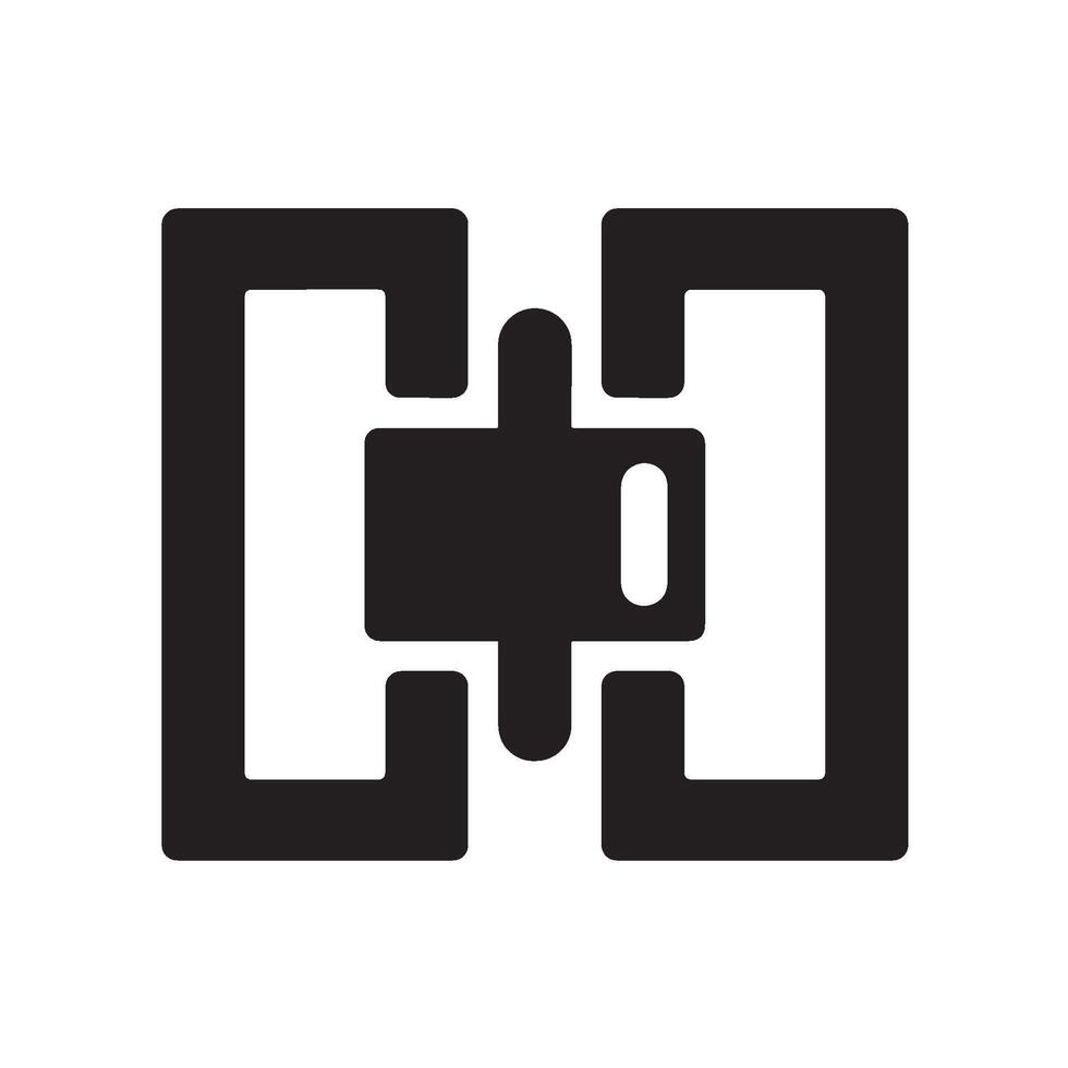 Stylized black hinge icon connecting two rectangular shapes on a white background symbolizing connection and support in a minimalist and modern design ideal for construction and design concepts vector