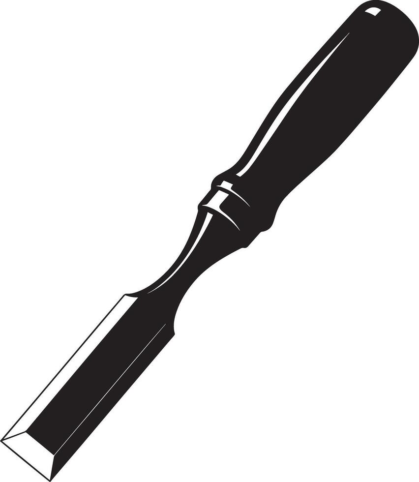 Minimalist line drawing depicts a chisel with a black handle and sharp blade isolated vector