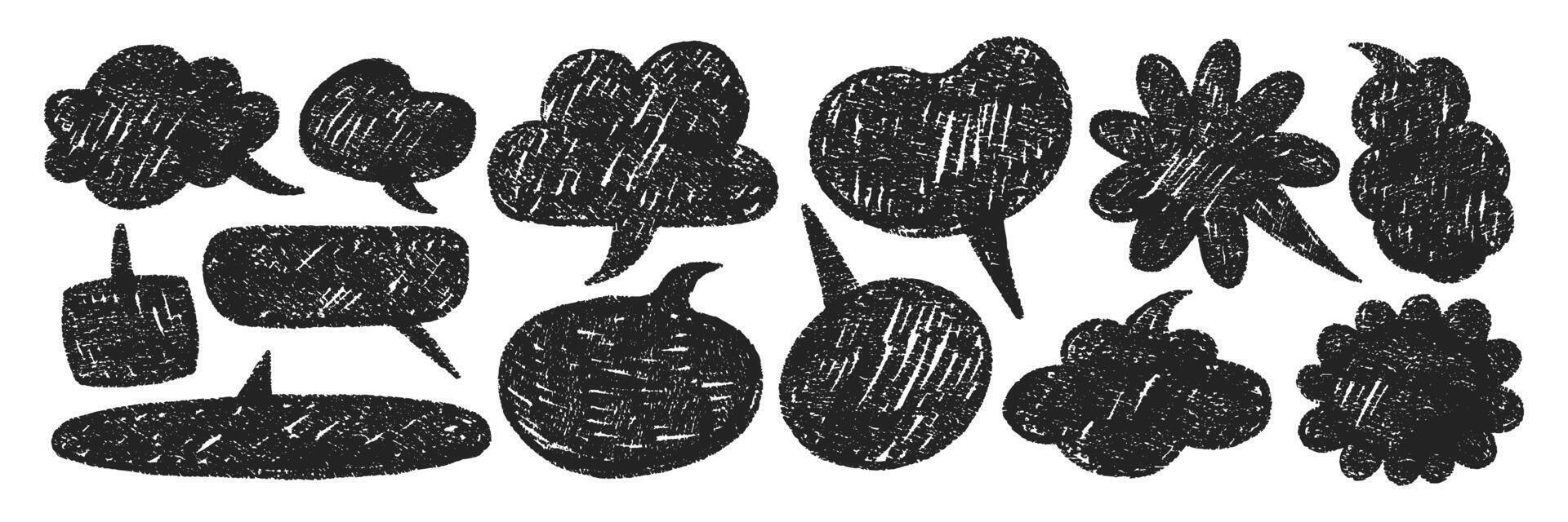 Speech bubbles drawn in a sketch style with organic texture. Text boxes with chalk and crayon texture for a conversation. illustration. vector