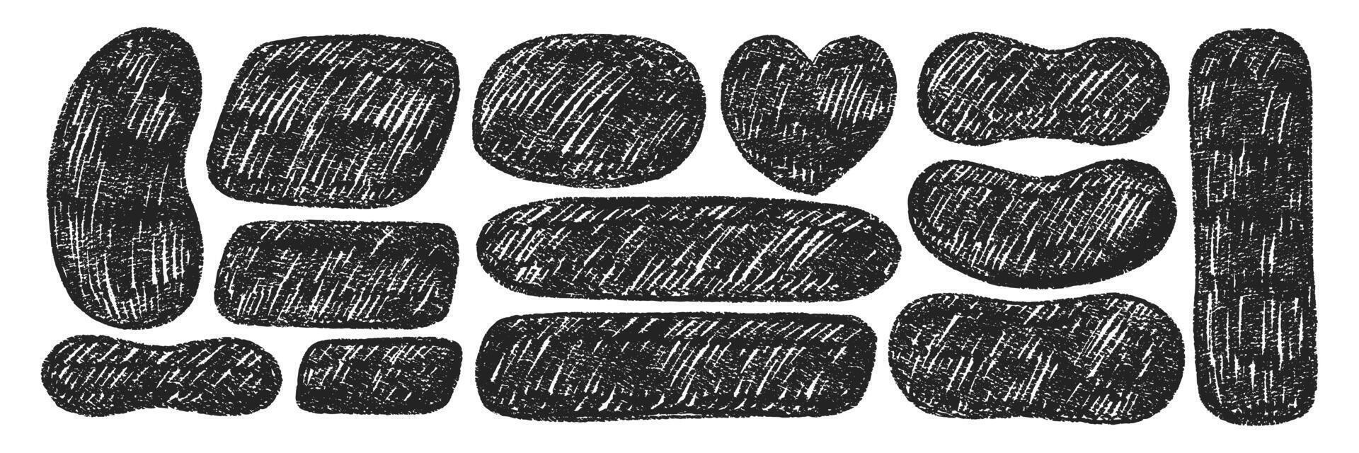 Set of abstract blob shapes of heart, oval and text box with rough texture. Hand drawn figure with crayon and chalk texture. Linocut illustration. vector