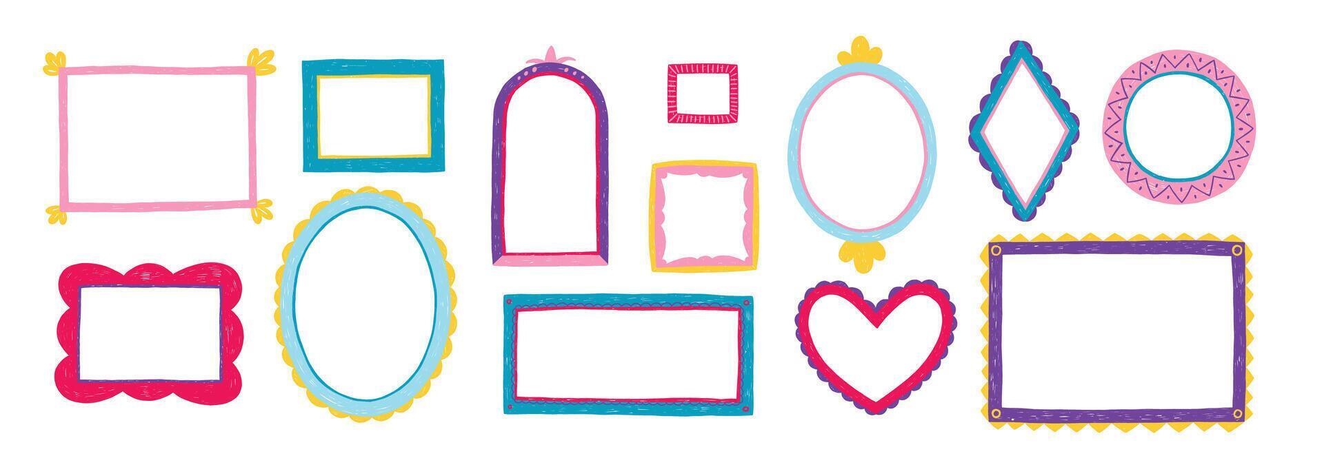 A set of hand-drawn cute frame mirrors with crayon, pastel and pencil texture. Kids frame print collection with scribble. vector