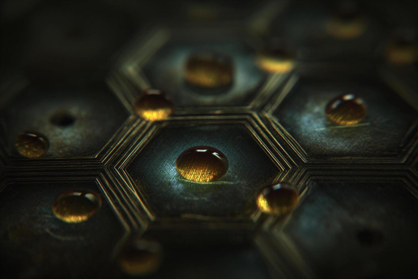 Close-up view of water droplets on a hexagonal surface with light reflections photo