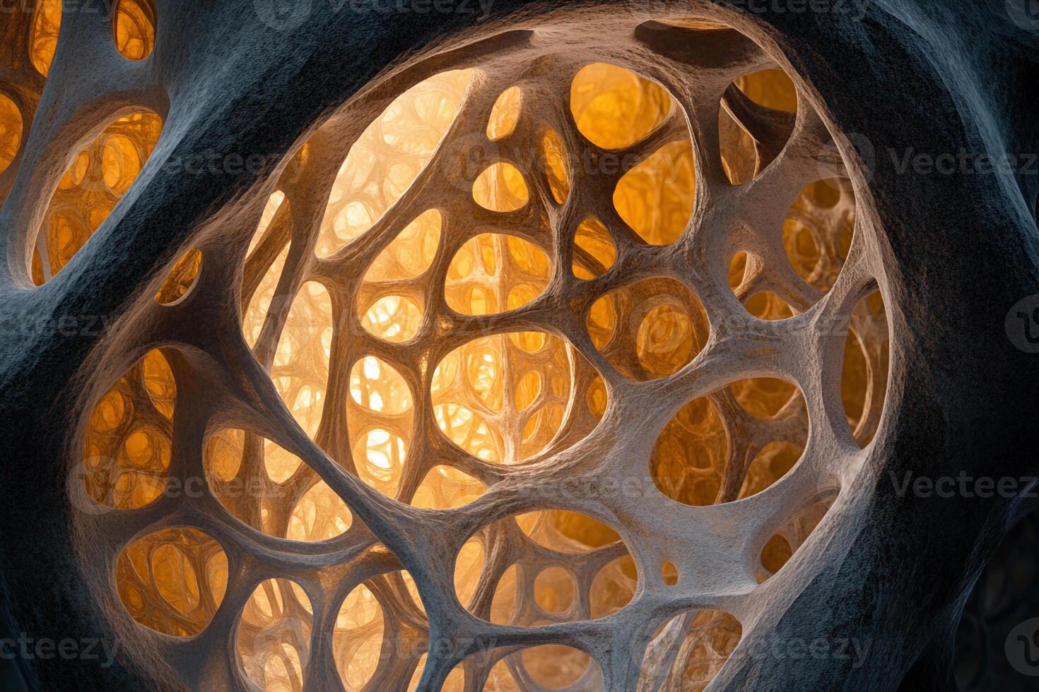 Intricate network of patterns illuminated by warm light in a dark space photo