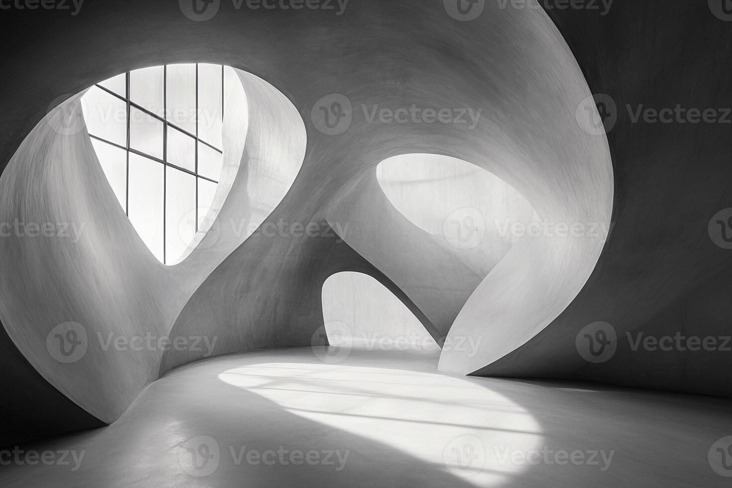 Unique architectural design in a minimalistic space with light and shadows photo