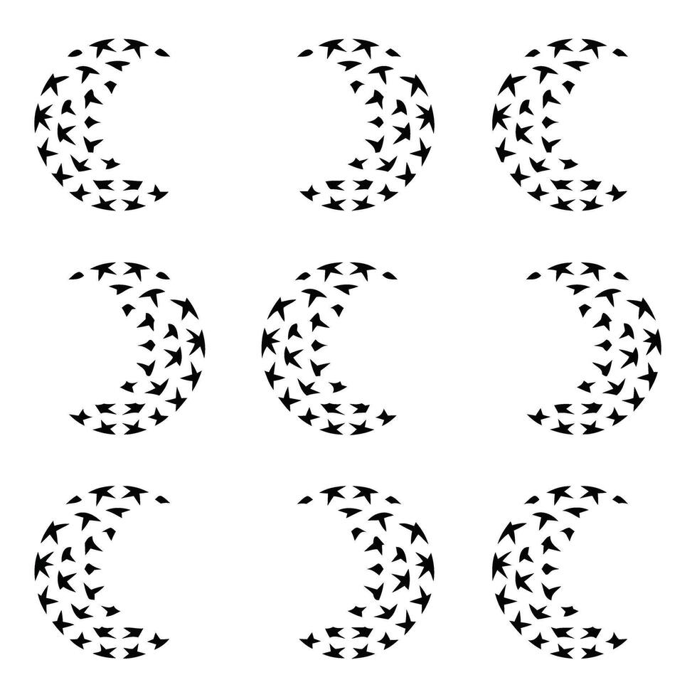 Nine black crescent shapes composed of small arrow-like elements on a white background abstract vector
