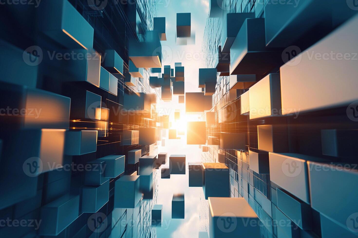 Floating energy cubes in a futuristic space environment with bright light photo