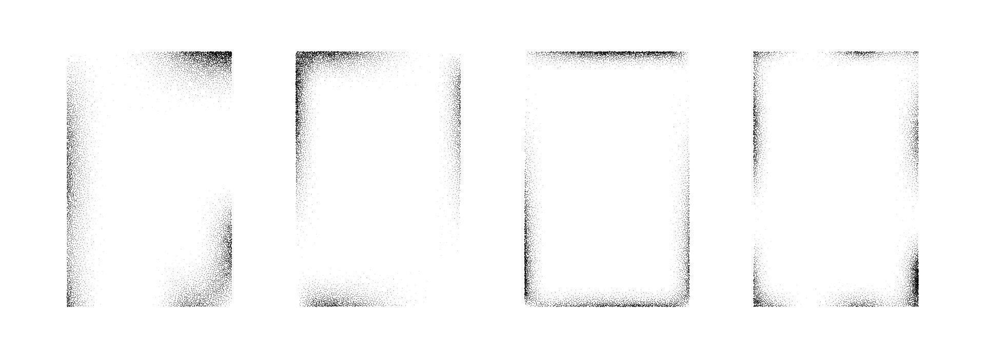 Spray noise frame collection. Black dotted grain rectangle border set. Stippled gradient boarder bundle for text box, banner, poster, template. rough sprayed stencil graffiti effect frames vector