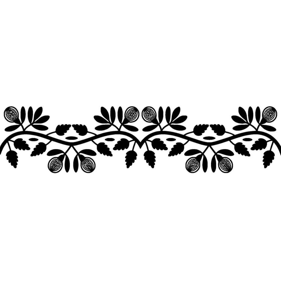A minimalist decorative border featuring a repeating pattern of stylized branches with leaves and round seed pods vector