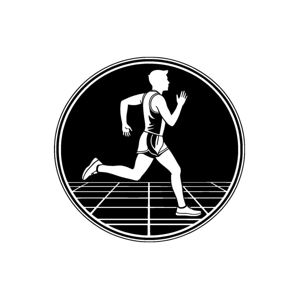 A stylized minimalist of a male runner in mid stride within a circular emblem featuring a perspective grid representing a running track vector